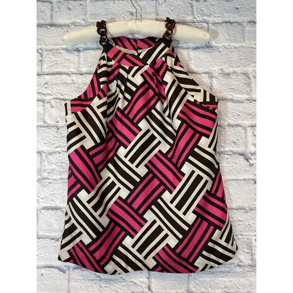 Milly of New York black & Pink Geometric Silk Tank Tortoise Shell Links Size 2.